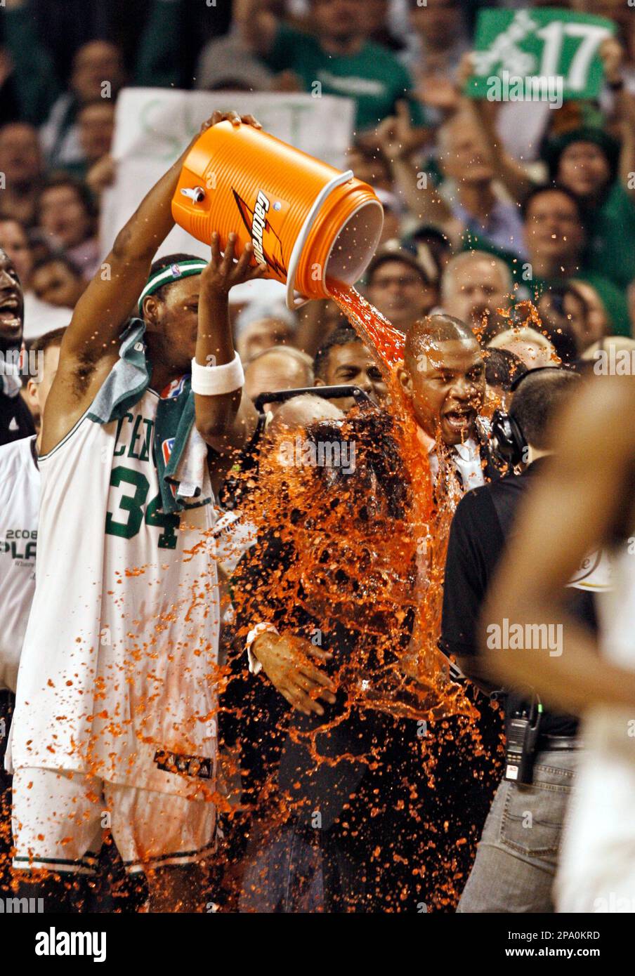 Boston Celtics Paul Pierce 34 dumps Gatorade over coach Doc Rivers near the end of the Celtics 131 92 win over the Los Angeles Lakers in Game 6 of the NBA basketball finals