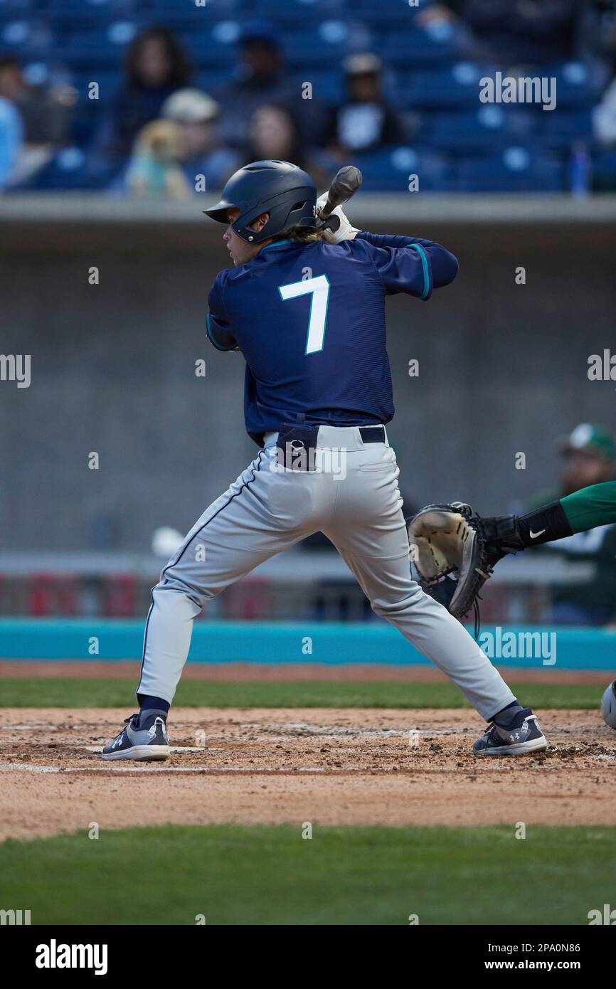 Aiden Evans (7) of the UNCW Seahawks at bat against the Charlotte 49ers at Atrium Health Ballpark on March 8, 2023 in Kannapolis, North Carolina. (Brian Westerholt/Four Seam Images via AP) Stock Photo