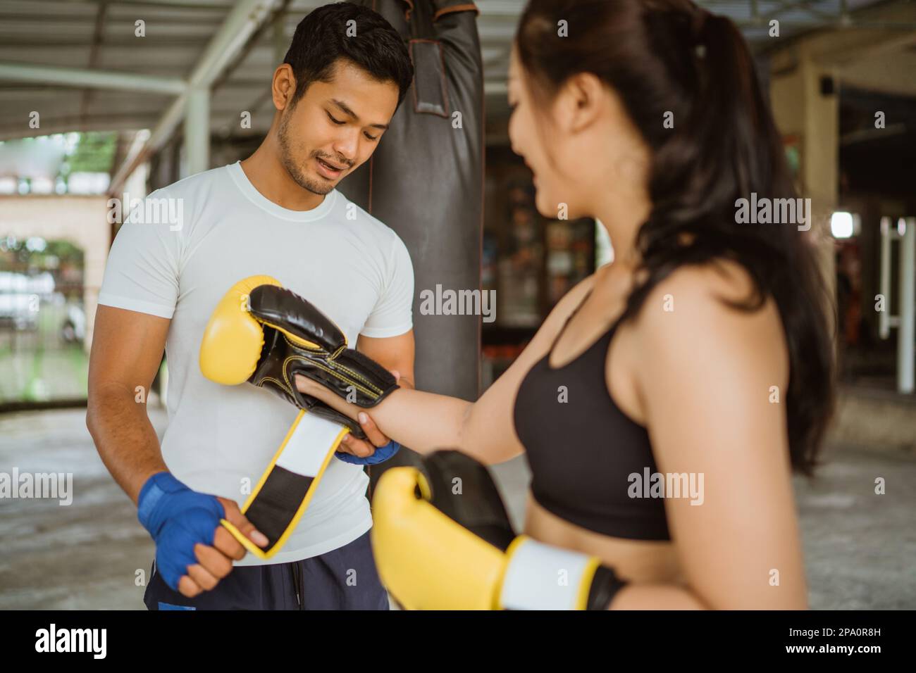 a boxing coach helping the female boxer to wearing the boxing gloves Stock Photo