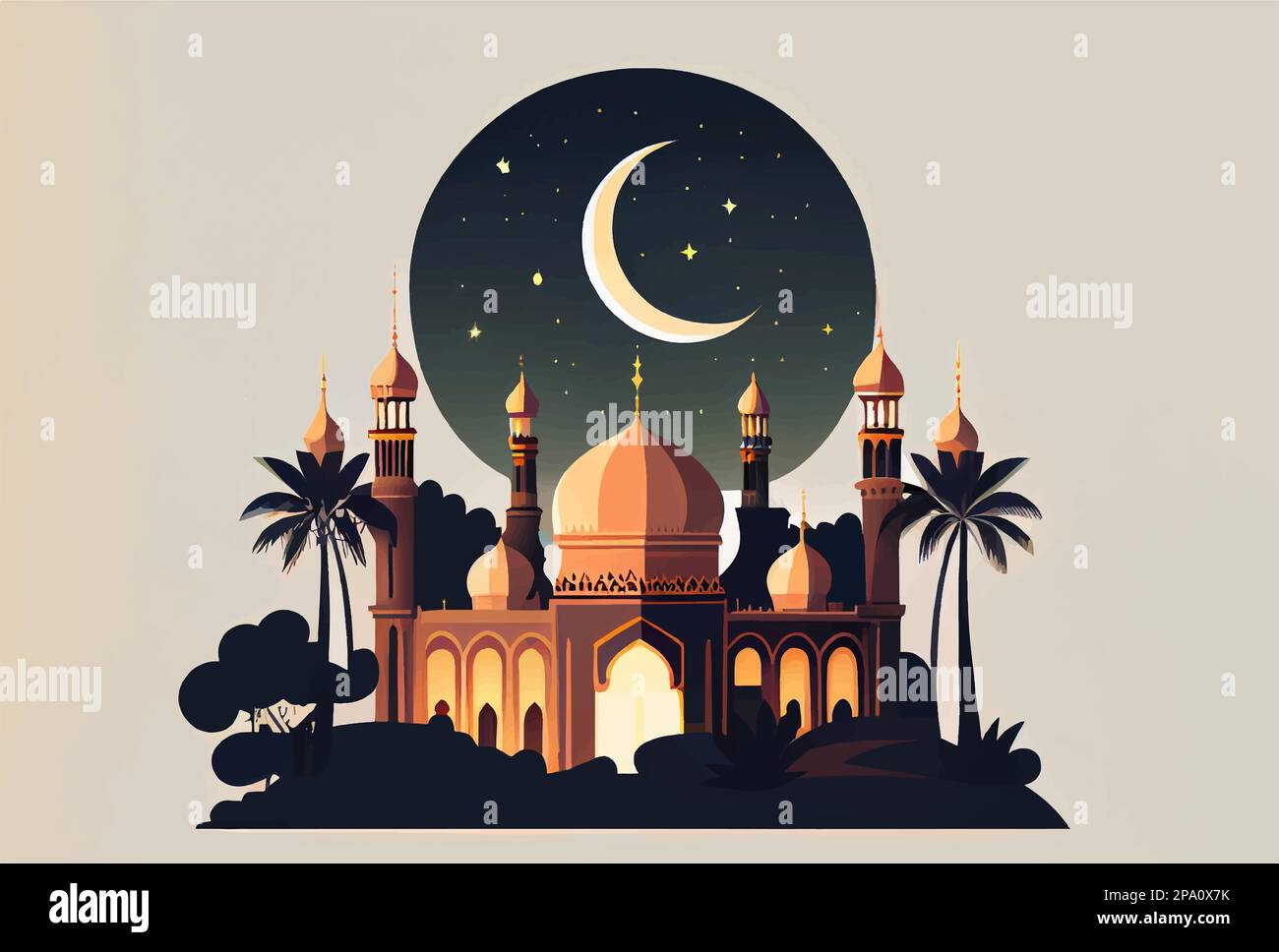 vector illustration of islamic style mosque and crescent at night Stock ...
