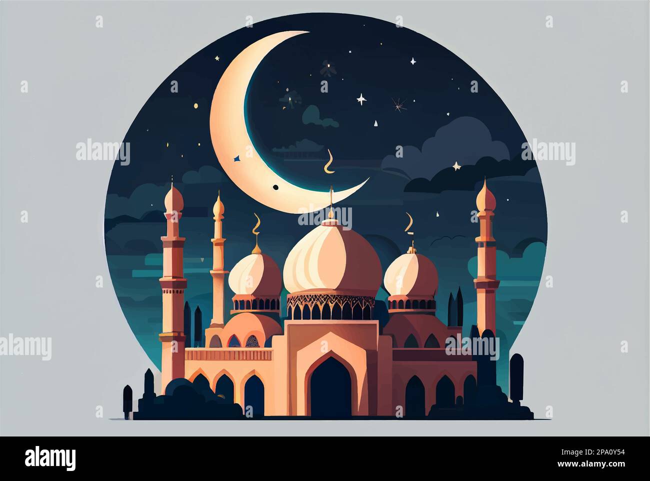vector illustration of islamic style mosque and crescent at night Stock ...