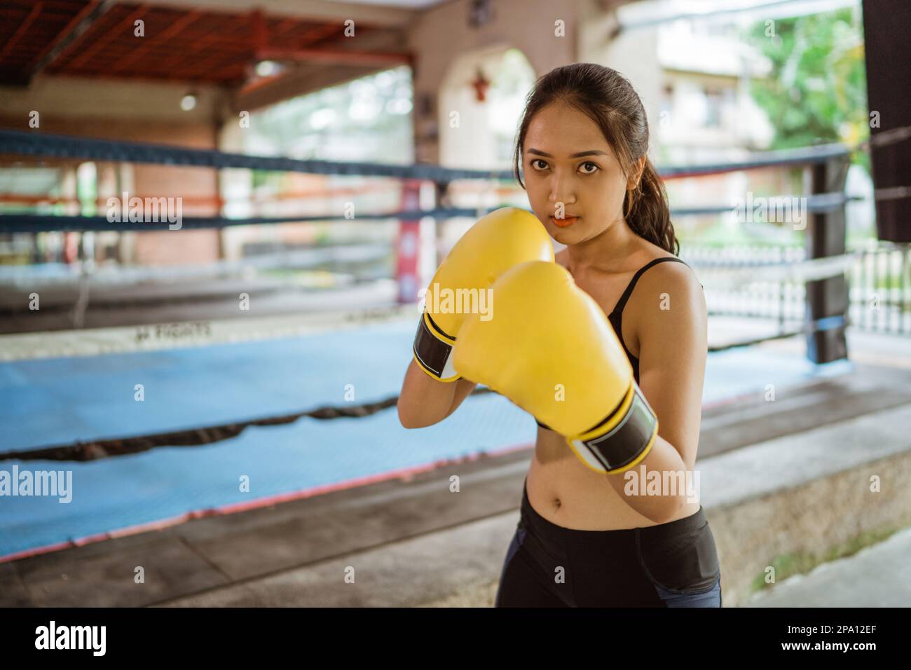 a beautiful boxer standing with the punching moves Stock Photo