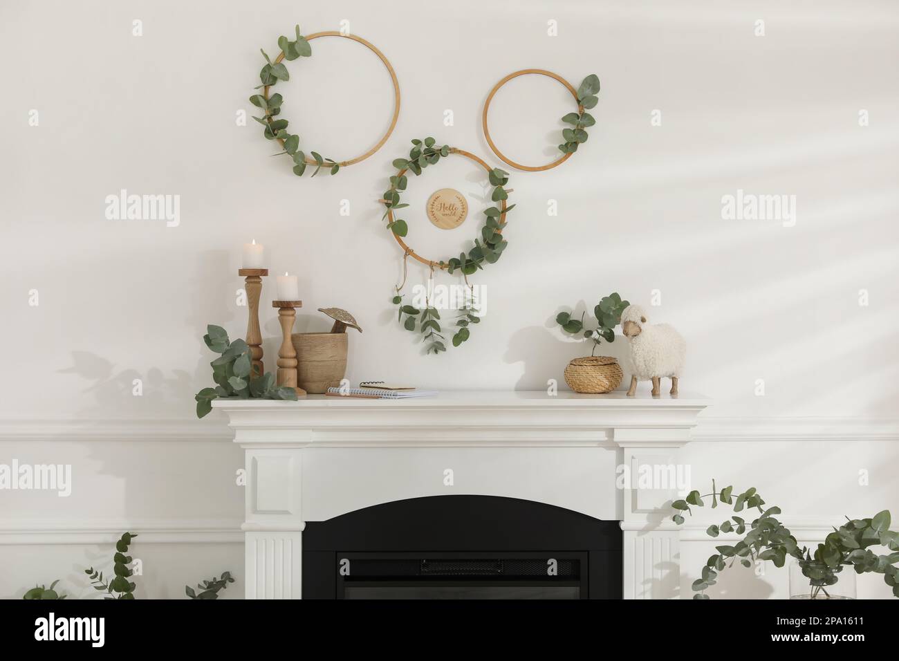 Stylish room with beautiful fireplace and eucalyptus branches Stock