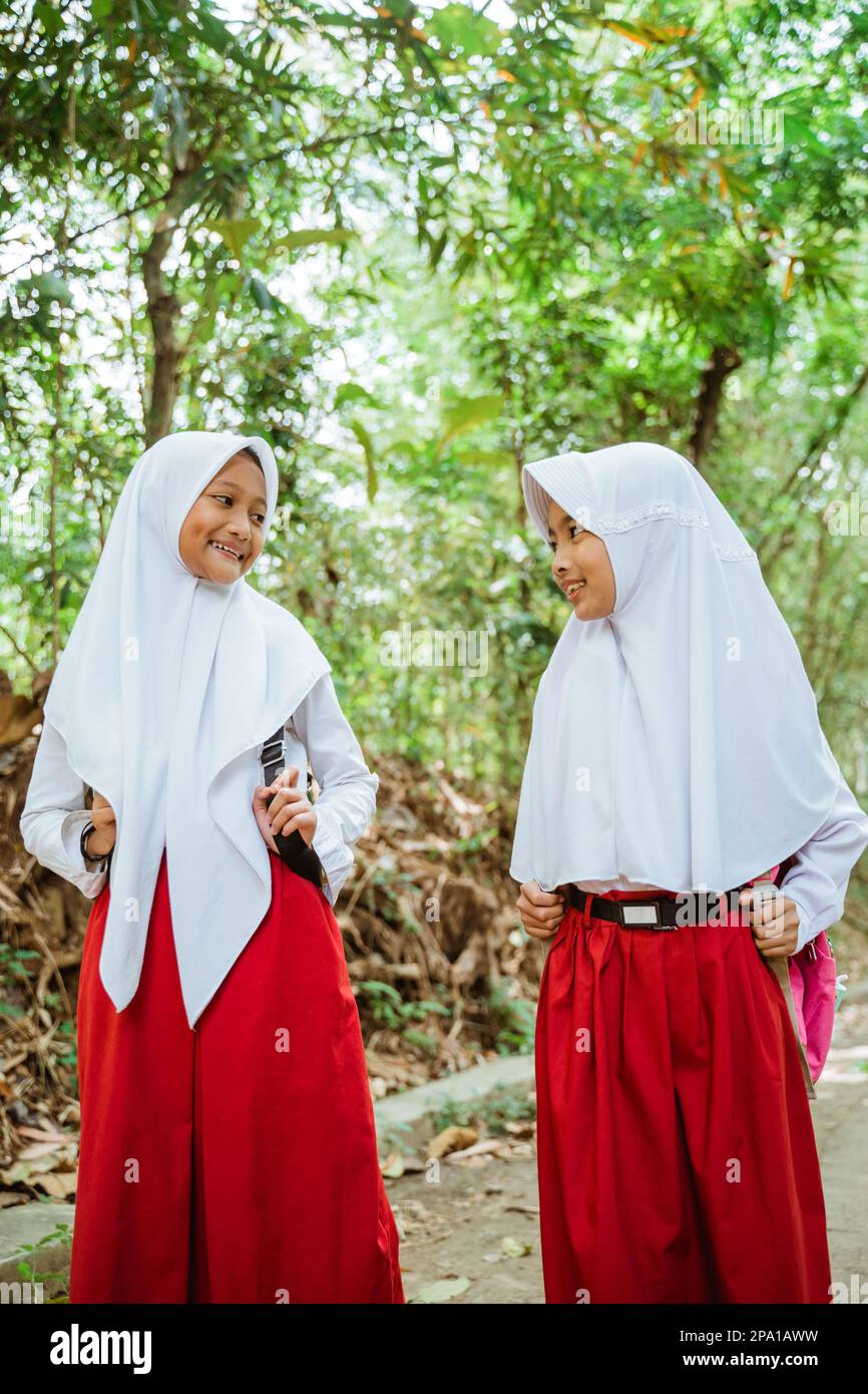 two female elementary students walking together through the country road Stock Photo