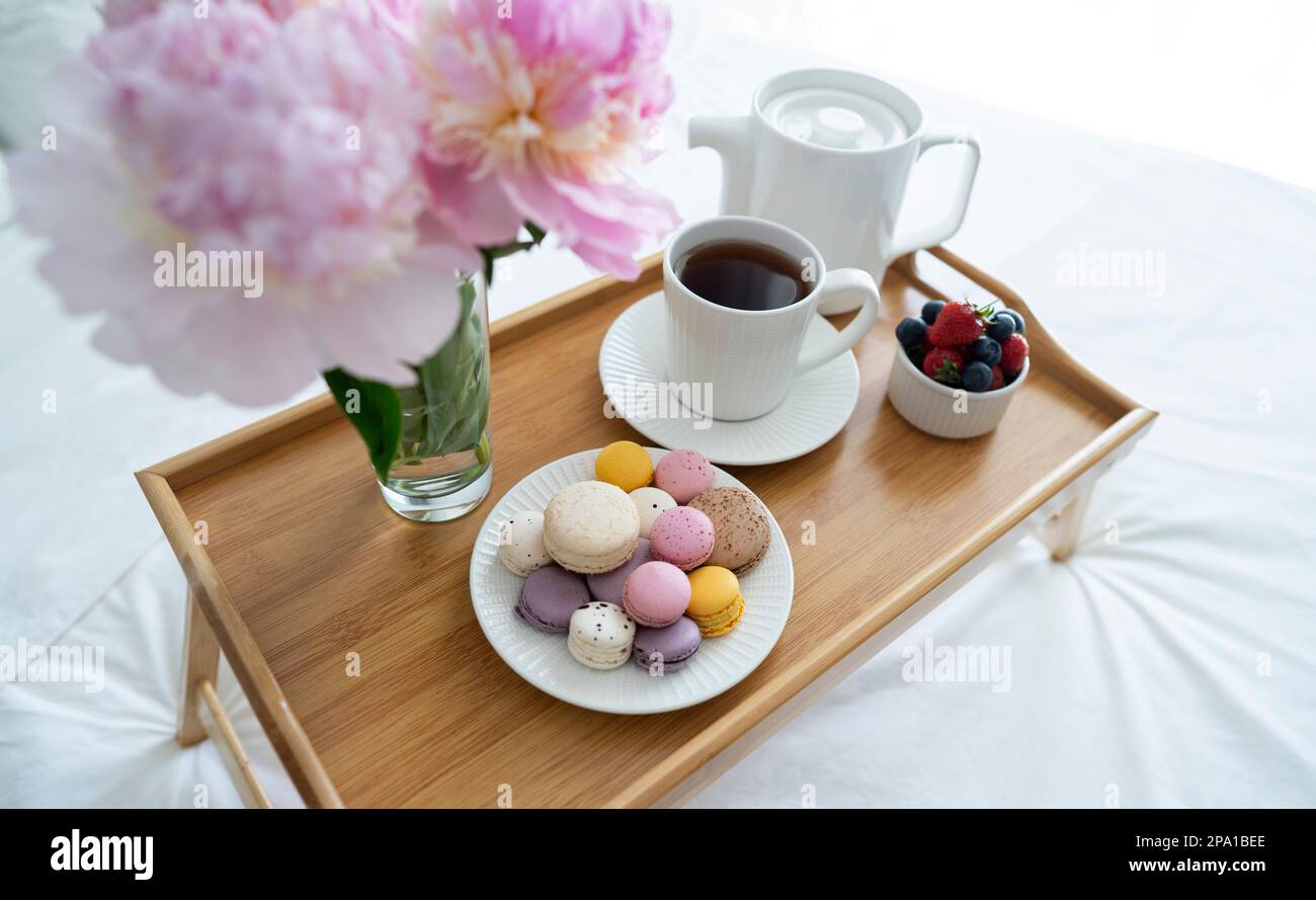Tray with breakfast on bed Stock Photo Alamy