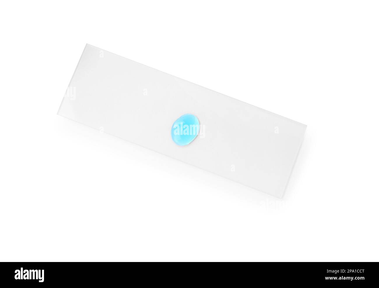 Microscope slide with sample of light blue liquid isolated on white, top view Stock Photo