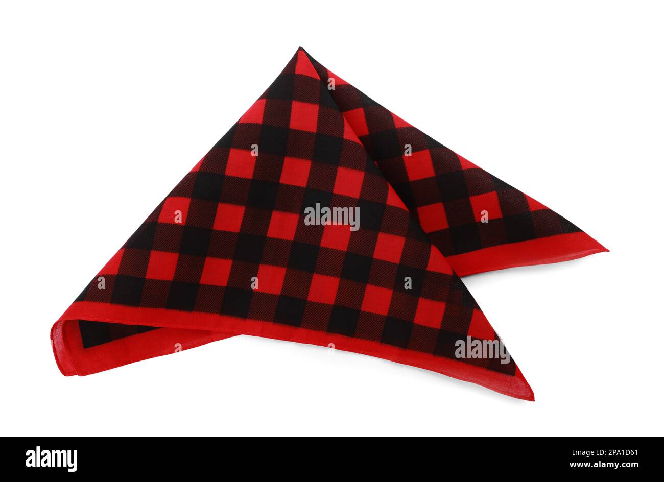 Folded red bandana with check pattern isolated on white, top view Stock Photo