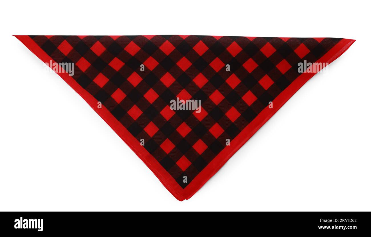 Folded red bandana with check pattern isolated on white, top view Stock Photo