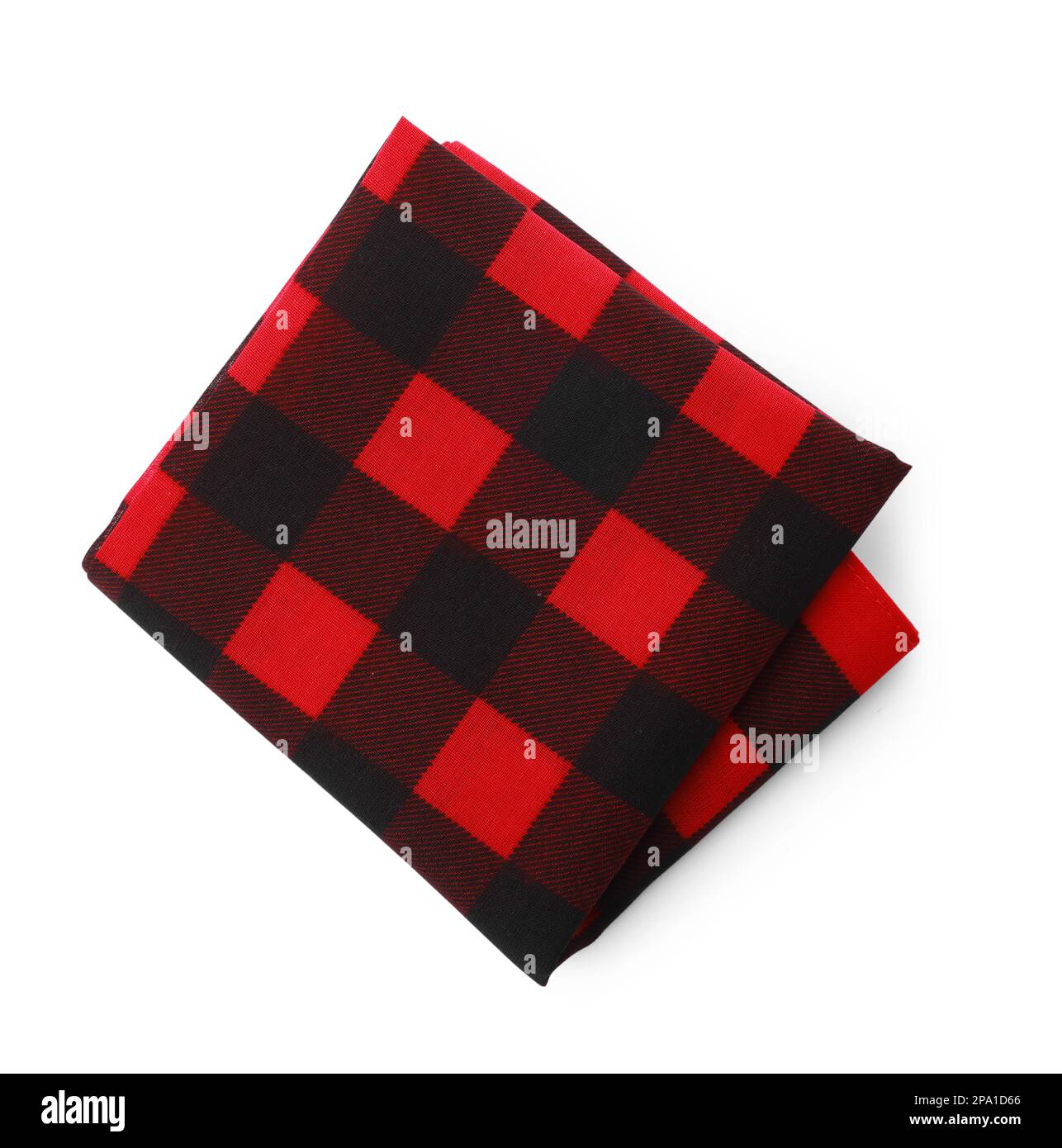 Folded red bandana with check pattern isolated on white, top view Stock Photo