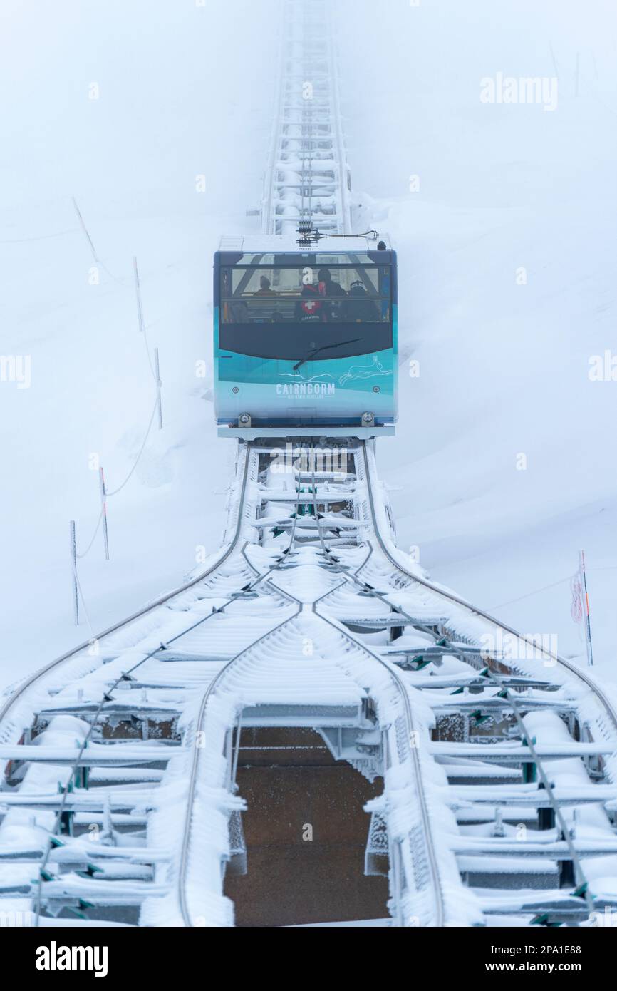 Cairngorm Mountain Railway funicular carries skiers up to ski slopes at Cairngorm Ski Area near Aviemore , Scotland, UK Stock Photo