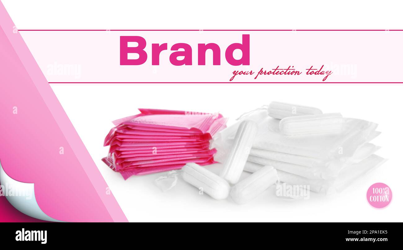 Tampons and menstrual pads on color background, banner design. Mockup