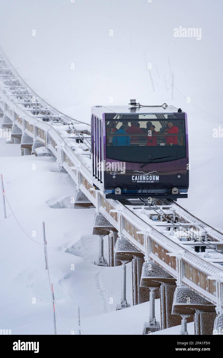 Cairngorm Mountain Railway funicular carries skiers up to ski slopes at Cairngorm Ski Area near Aviemore , Scotland, UK Stock Photo