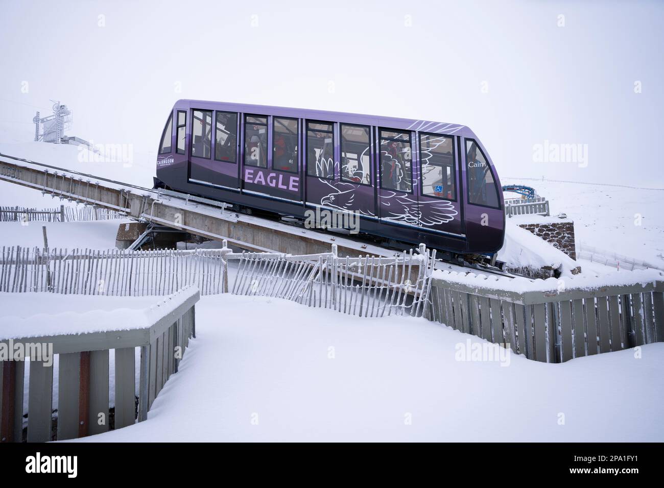 Cairngorm Mountain Railway funicular carries skiers up to ski slopes at Cairngorm Ski Area near Aviemore , Scotland, UK Stock Photo