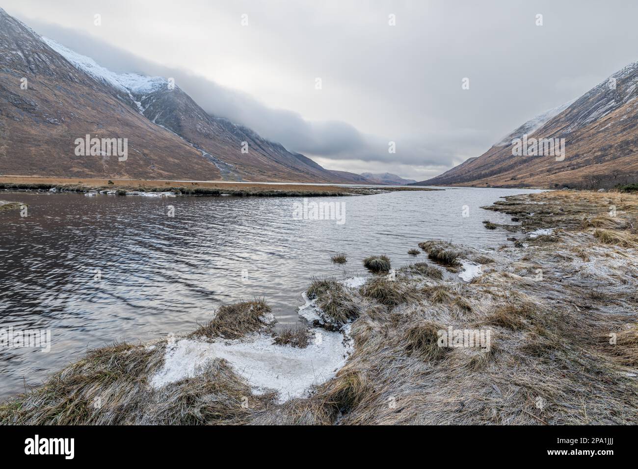 The meeting point of River Etive and the Loch Etive on a frosty morning in the Highlands, Stock Photo