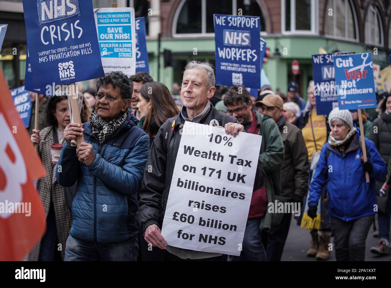 London, UK. 11th March 2023. Human rights campaigner Peter Tatchell joins the march. Thousands join NHS End The Crisis - Support The Strikes, in solidarity with NHS workers who have taken industrial action since the start of the year. Credit: Guy Corbishley/Alamy Live News Stock Photo