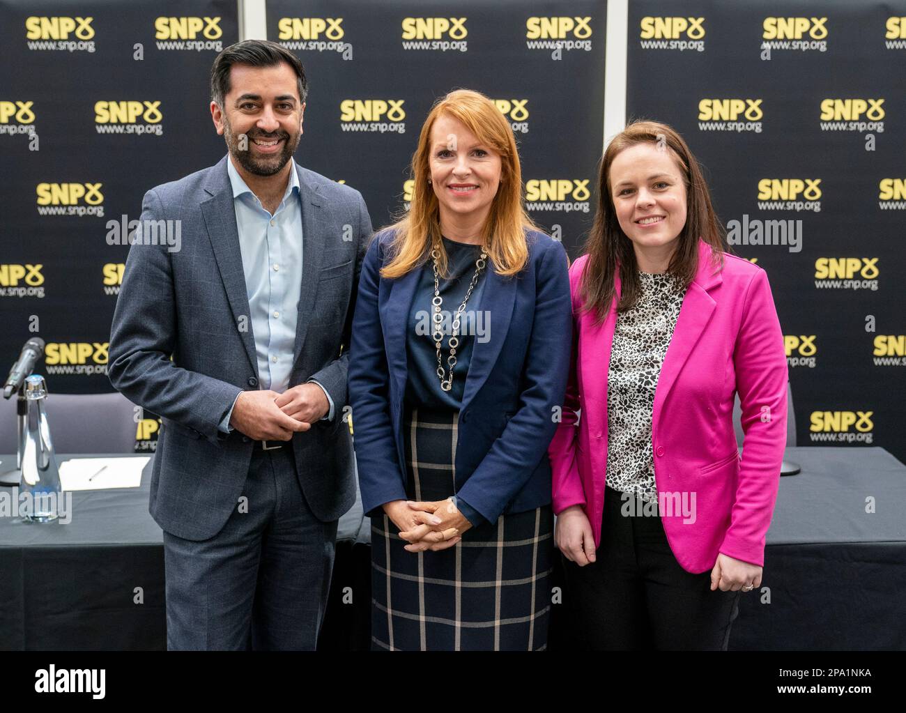 SNP leadership candidates Humza Yousef, Kate Forbes and Ash Regan before taking part in a SNP leadership debate, at the University of Strathclyde in Glasgow. Picture date: Saturday March 11, 2023. Stock Photo