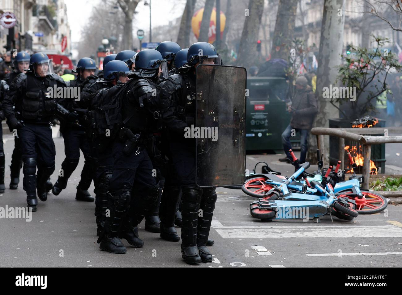 Riot police move in as demonstrators march against the government's pension reform plan in Paris, France, March 11, 2023. REUTERS/Benoit Tessier Stock Photo