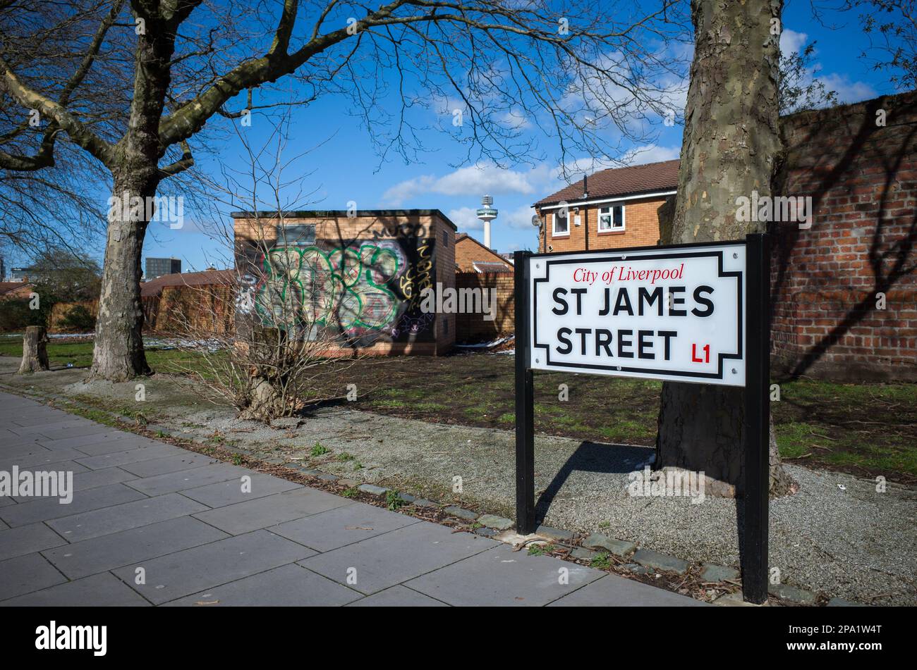 St James street, Liverpool with trees, houses, grafitti wall and the St