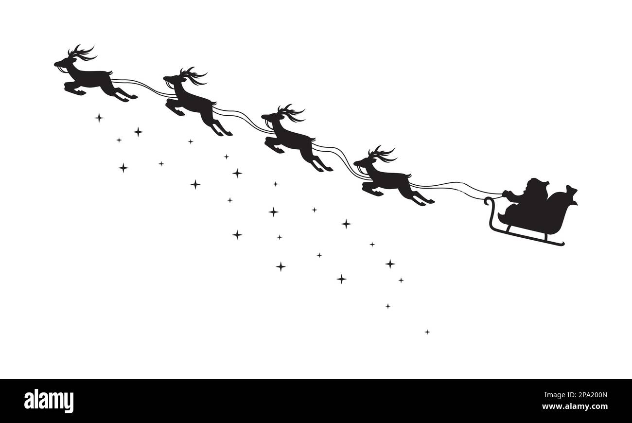 Santa Claus Flying in Sleigh Lifted by Flying Reindeer Sprinkled with Sparkles Illustration. Visualized with Silhouette Style Stock Vector