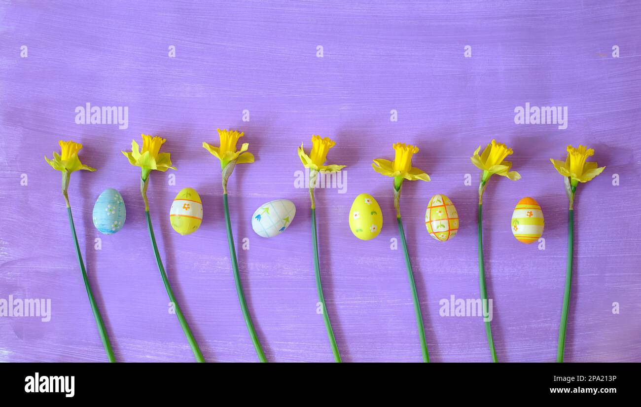 easter decoration with handpainted easter eggs and daffodil flowers,flat lay Stock Photo