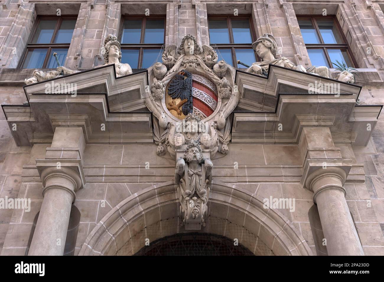 Lower entrance portal of the historic Wolf Town Hall, Renaissance building, built 1616 to 1622