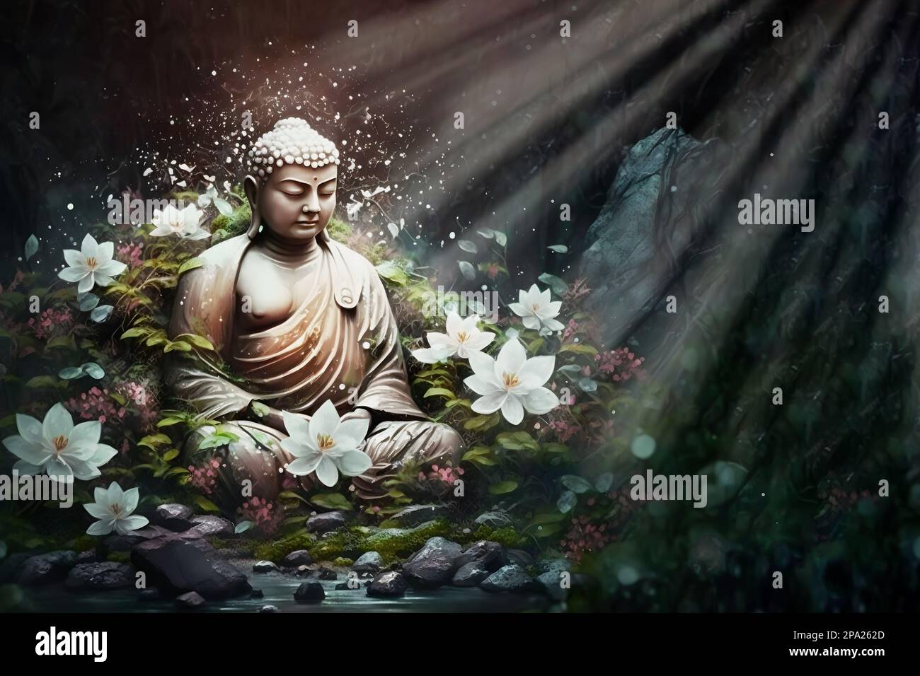 Buddhist religion holiday composition with buddha statue illuminated by ...