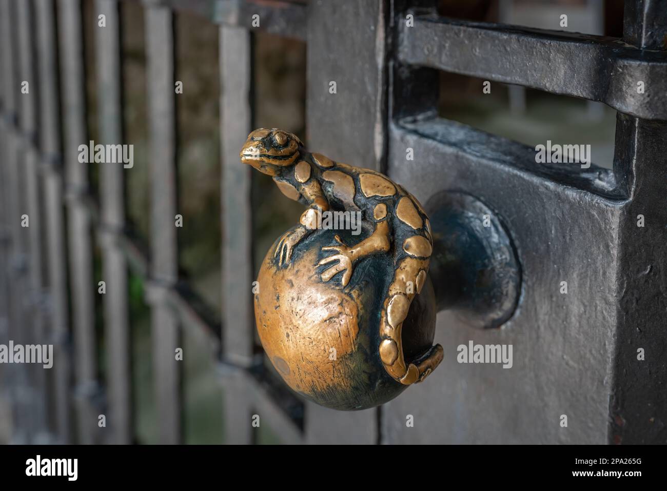 Salamander doorknob of Grotto entrance at Heidelberg Castle Gardens (Hortus Palatinus) - Heidelberg, Germany Stock Photo