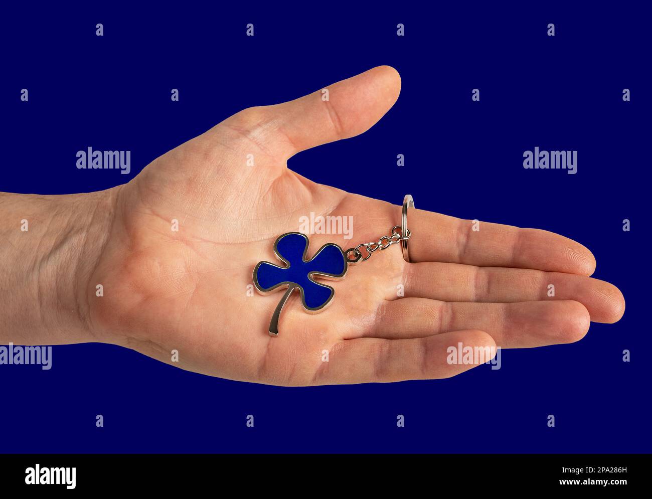 Hand holding shamrock, blue leaf shaped trinket for Happy Patrick day Stock Photo