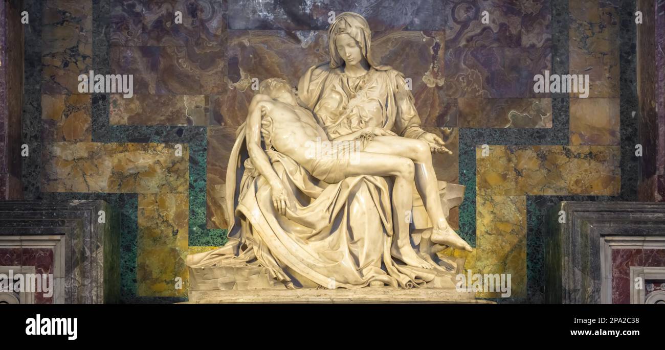 ROME, VATICAN STATE - August 28, 2018: Pieta di Michelangelo (The Pity), 1498-1499, located in St. Peter Basilica in Rome Stock Photo