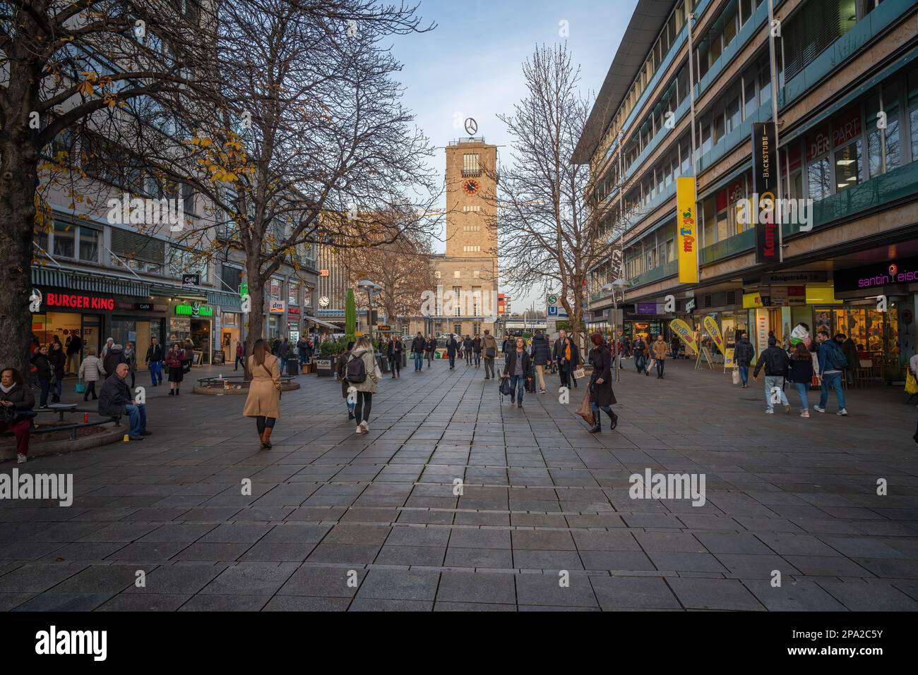 Konigstrasse main shopping street and Stuttgart Central Station (Hauptbahnhof) - Stuttgart, Germany Stock Photo