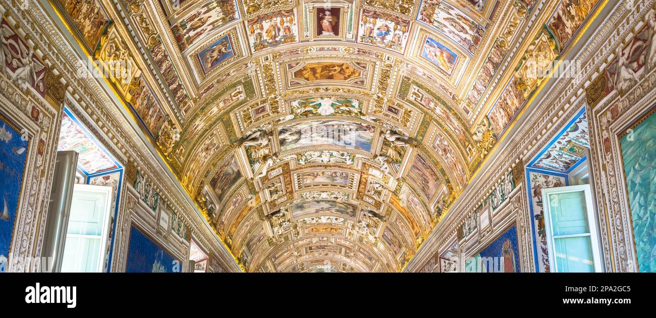 ROME, VATICAN STATE - CIRCA AUGUST 2020: perspective view in the Gallery of Maps, Vatican Museum Stock Photo
