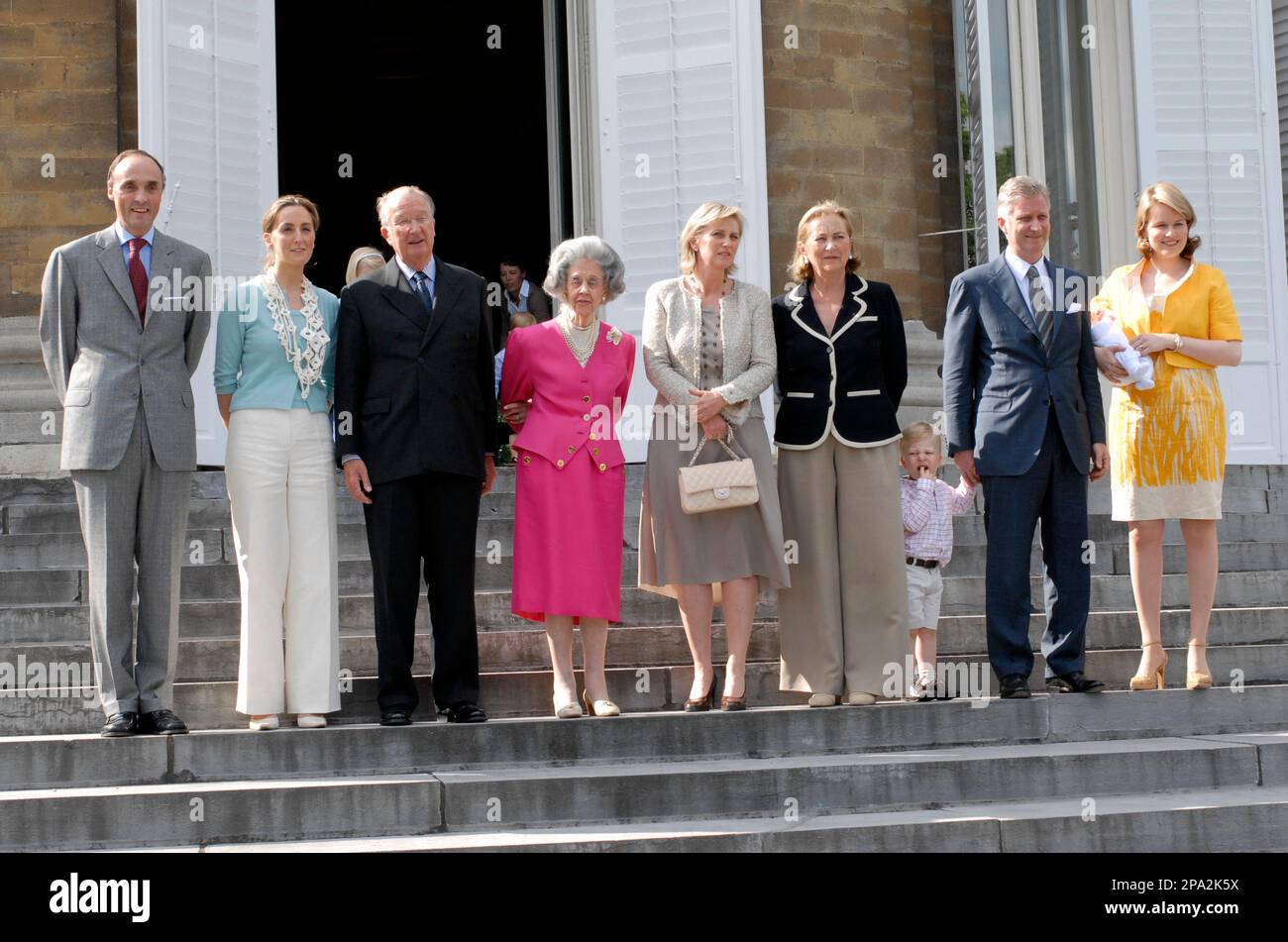 Queen Fabiola of Belgium, fourth from left, wife of former King Baudouin of Belgium, celebrates her 80th birthday, that takes place actually on June 11, along with the Belgium Royal Family during a gathering at the Royal Castle of Laeken outside Brussels, Tuesday June 3, 2008. From left to right: Prince Lorenz, Princess Claire, King Albert II, Queen Fabiola, Princess Astrid, Queen Paola, Crown Prince Philippe, Princess Mathilde. ( AP Photo/ Thierry Charlier.) Stock Photo