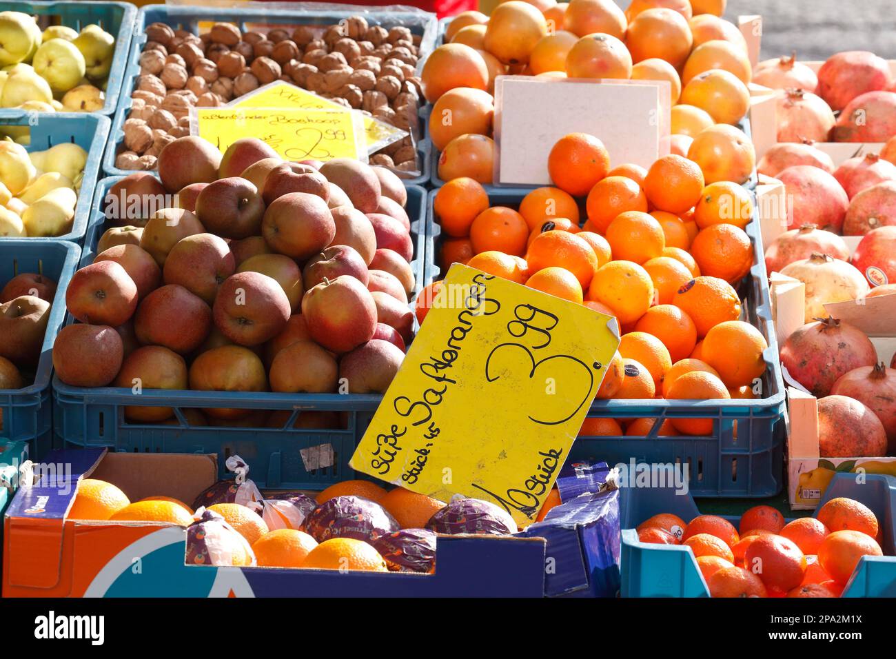 Juice oranges and fruit with price tag at a market stall, Germany Stock