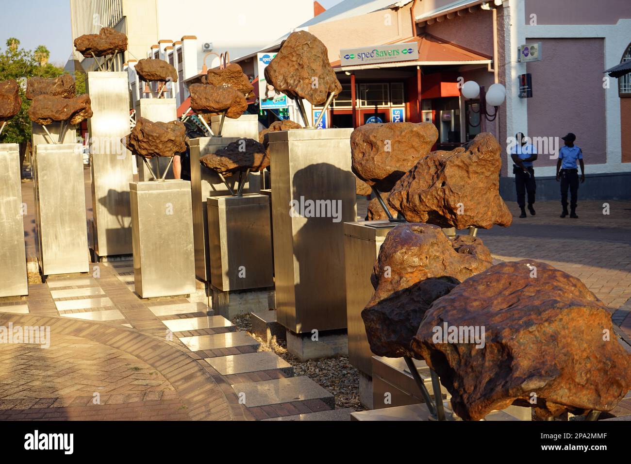 Fragments of the Gibeon meteorite, Post Street Mall, Windhoek, Gibeon, Namibia Stock Photo
