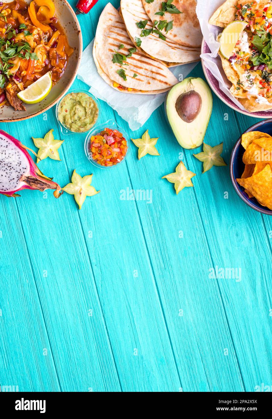 Traditional Mexican food background. Table with different Mexican