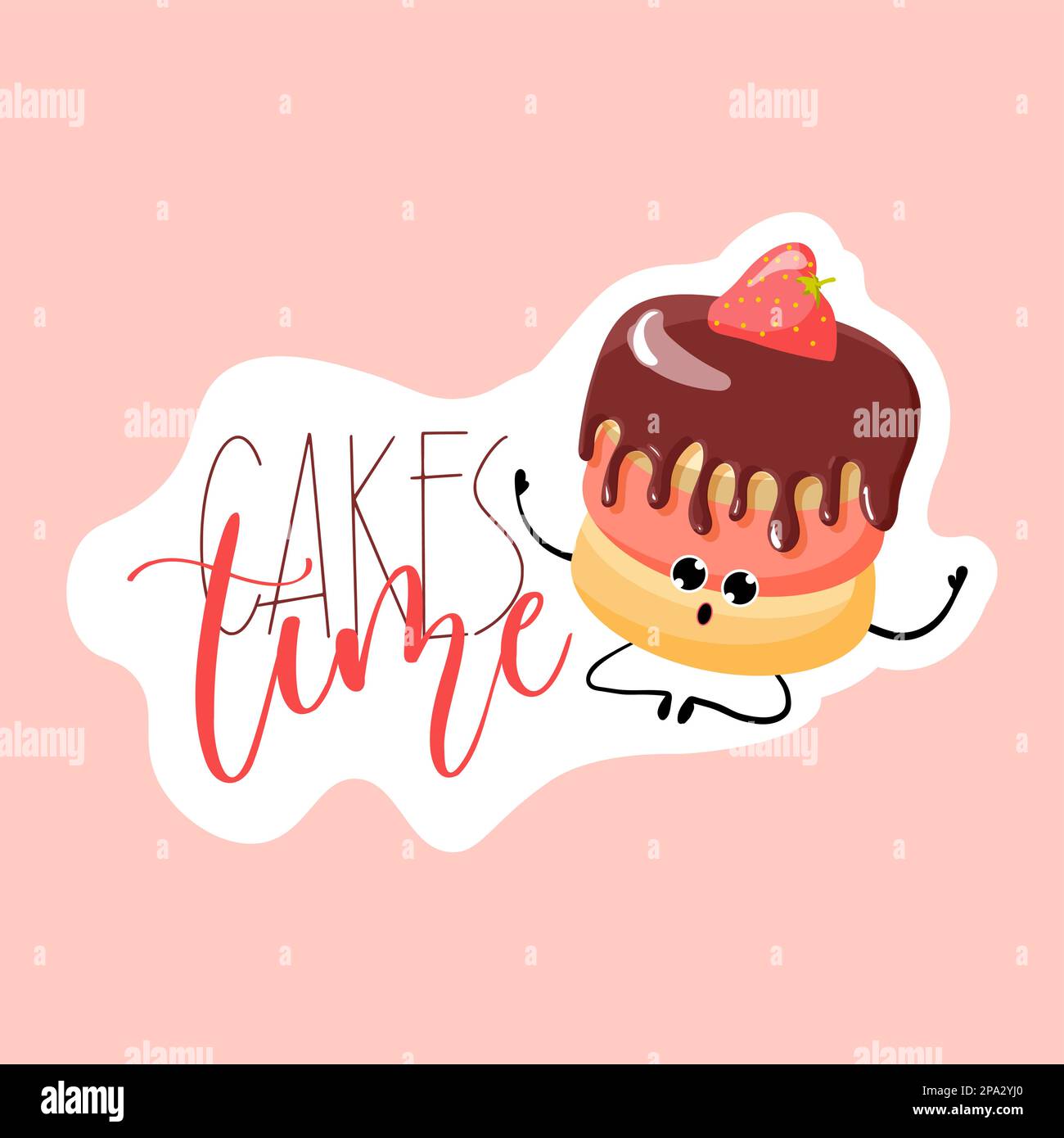 Cake time sticker. chocolate brownie with strawberries sticker. Bakery