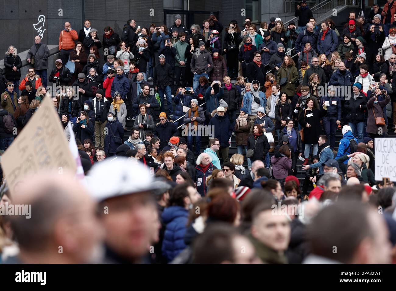 People attend a march against the government's pension reform plan in Paris, France, March 11, 2023.  REUTERS/Benoit Tessier Stock Photo