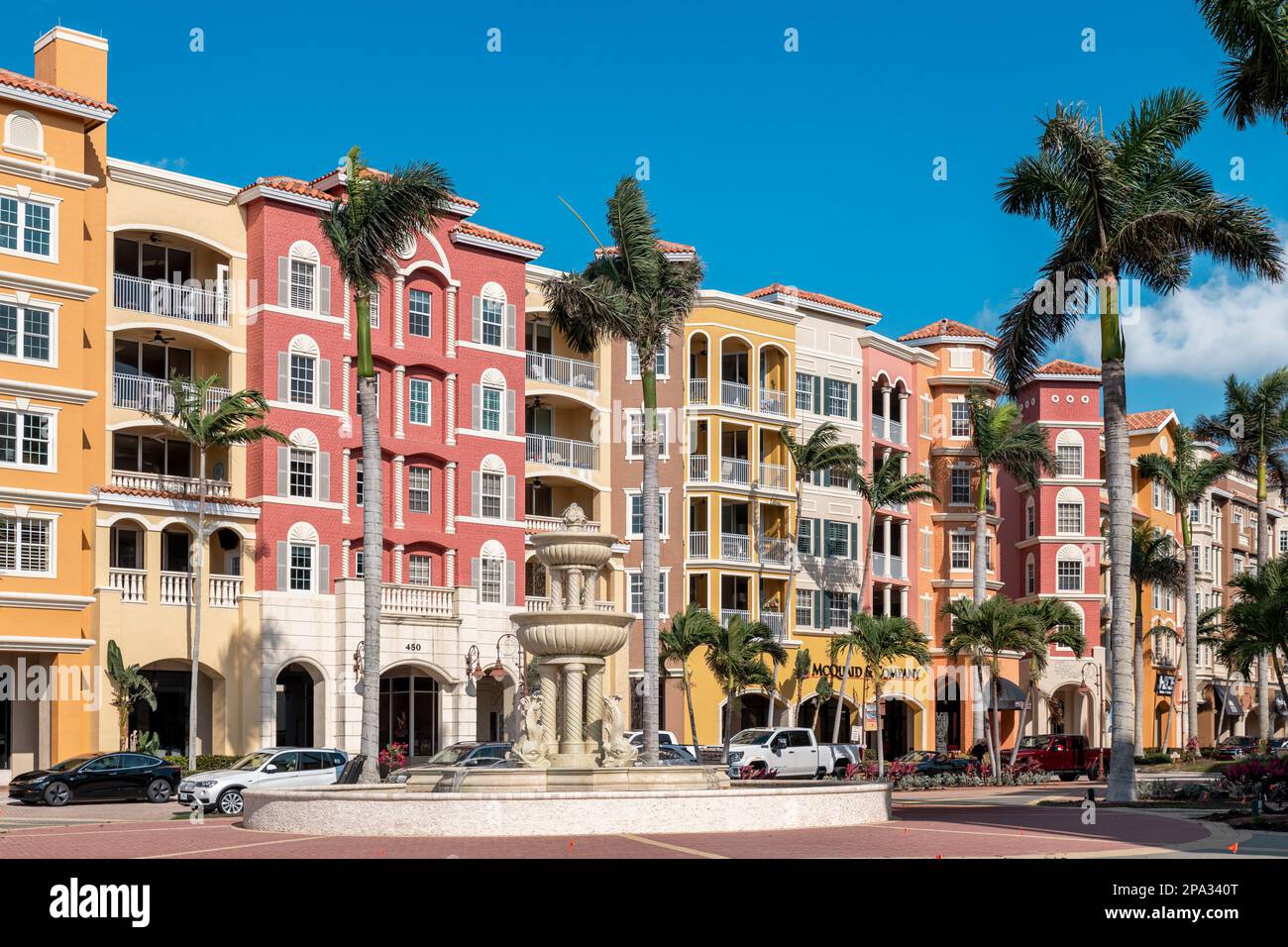 Bayfront shops and condominiums on the waterfront, Naples, Florida, USA. Stock Photo