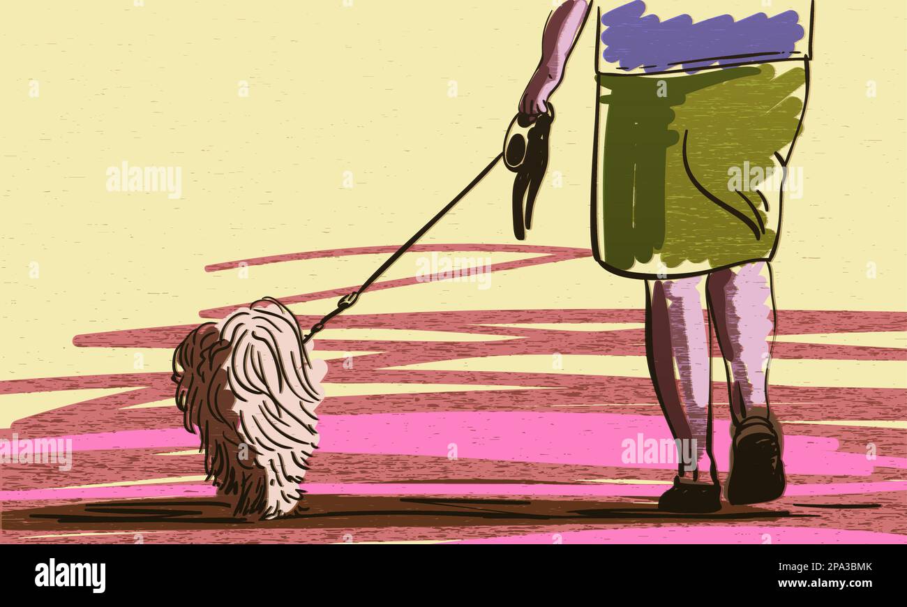 Hand drawn grunge illustration of female legs and dog on leash back