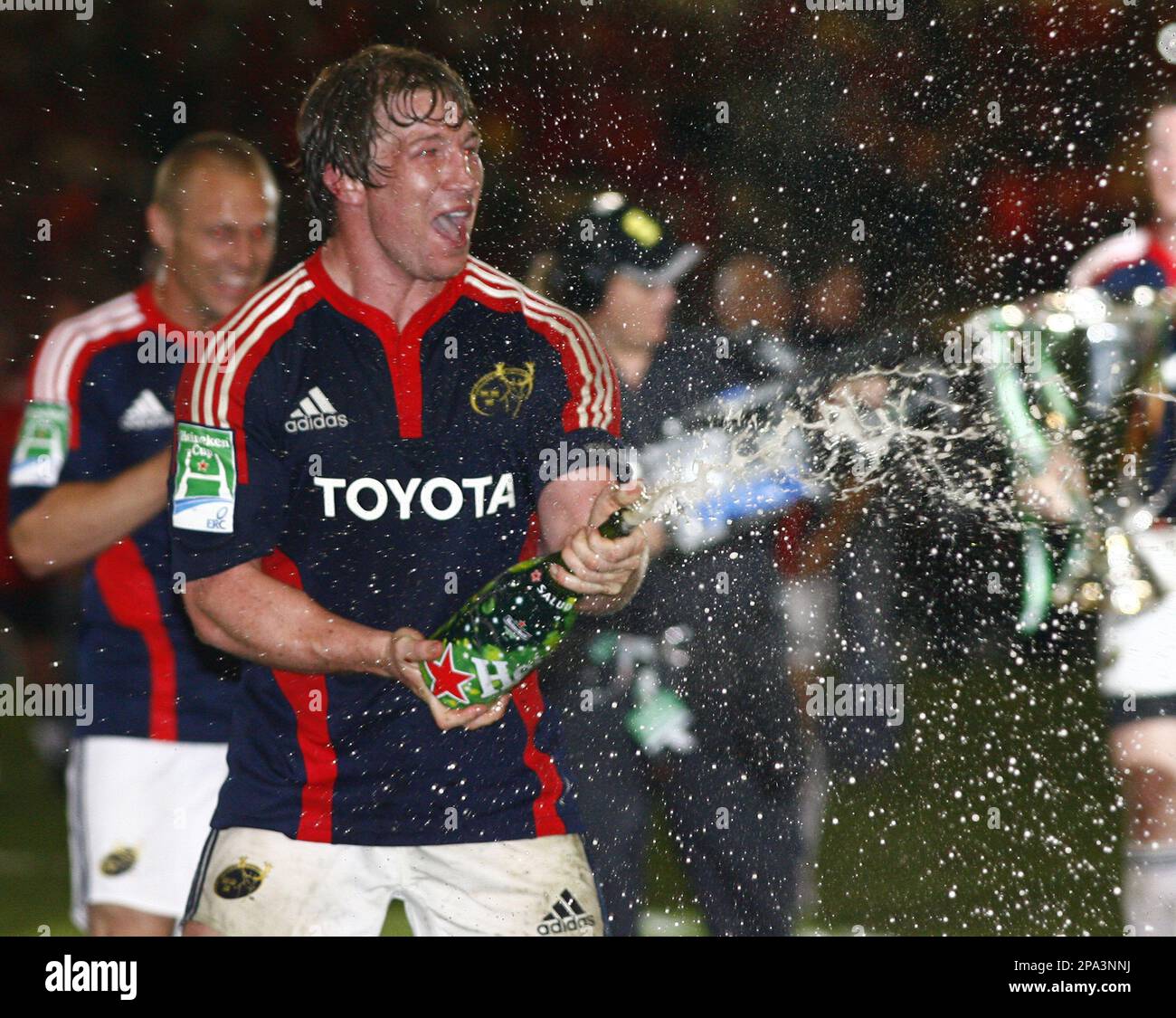 Munster rugby player Jerry Flannery sprays some Champagne after their Heineken Cup Final rugby match win over Toulouse, at the Millennium Stadium in Cardiff, Wales, Saturday May 24, 2008