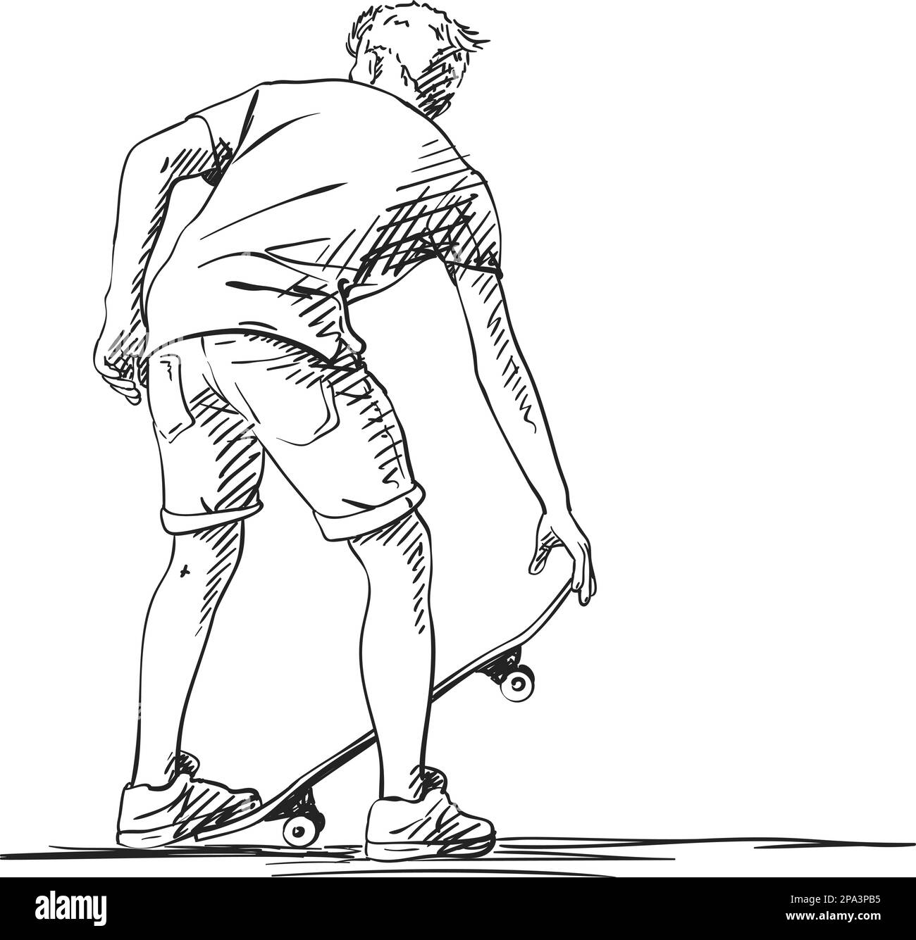 Sketch of skateboarder in shorts holding skateboard, Back view, Hand