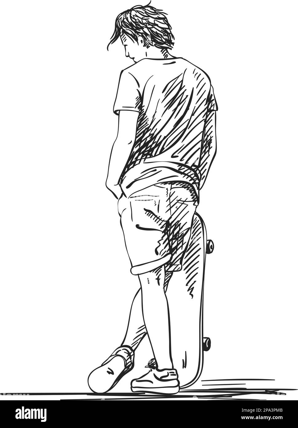 Sketch of skateboarder stands and holds skateboard with other hand in