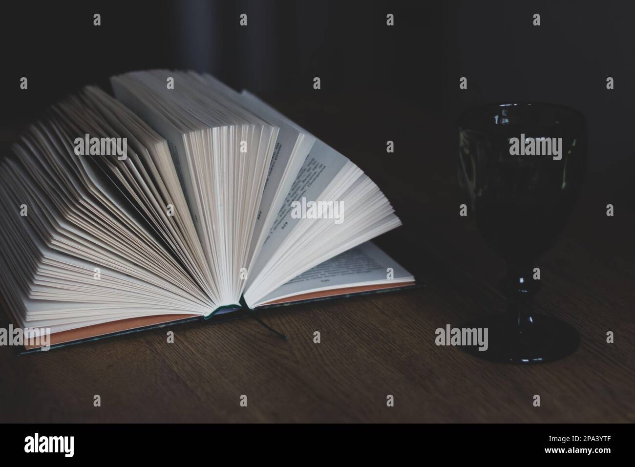 Open book with glass of red wine. Open book with wineglass. Education