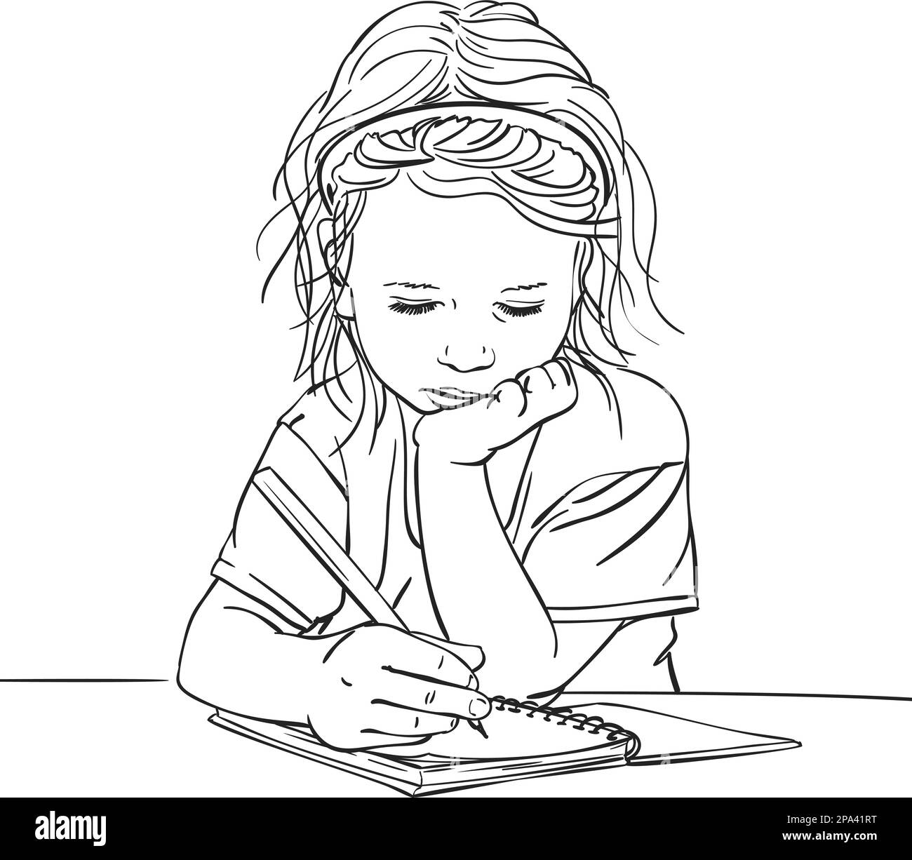 Child girl writing in note book with chin on hand, Vector sketch, Hand