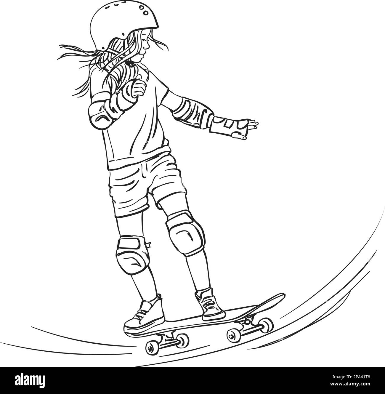 Sketch of girl skateboarder with long hair riding on skateboard in full  protection and helmet in skate park, Hand drawn line art vector  illustration i Stock Vector Image & Art - Alamy