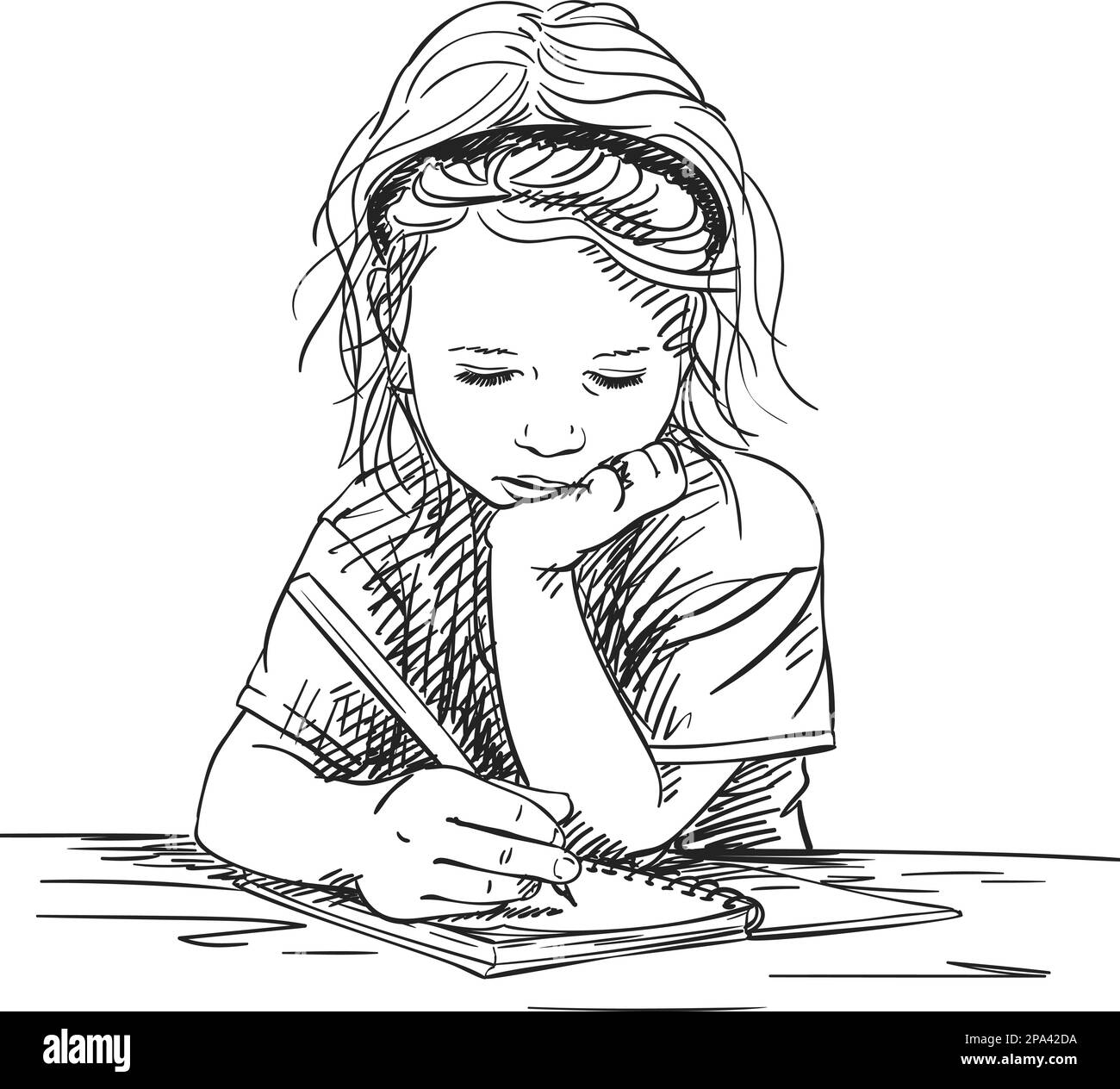 Child girl writing in note book with chin on hand, Vector sketch, Hand