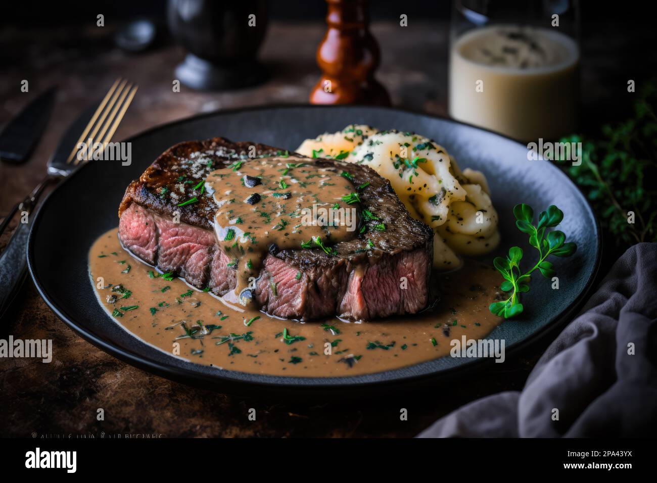 A beautiful panfried Prime Ribeye steak served with a creamy pepper