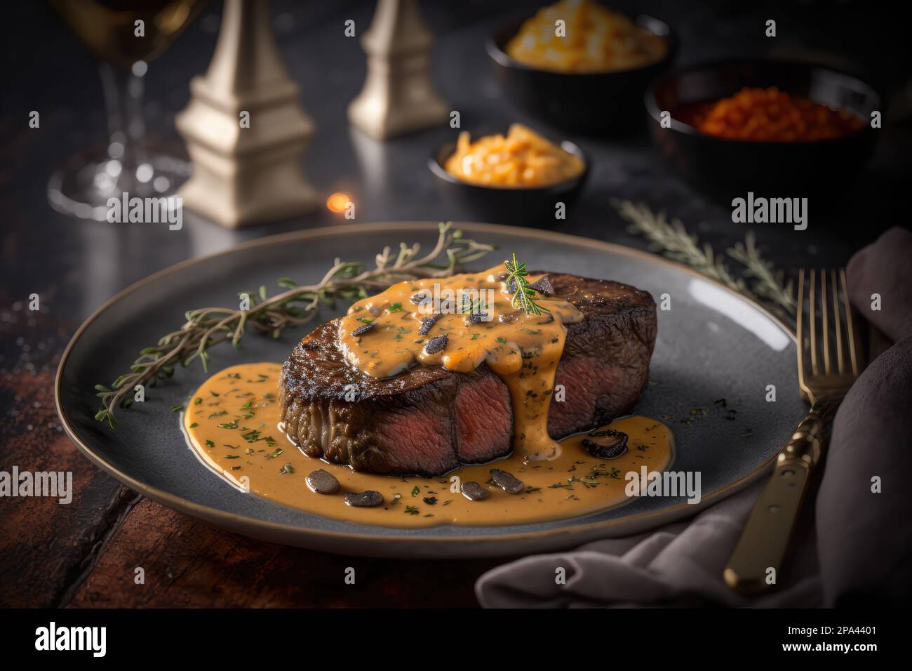 A beautiful panfried Prime Ribeye steak served with a creamy pepper