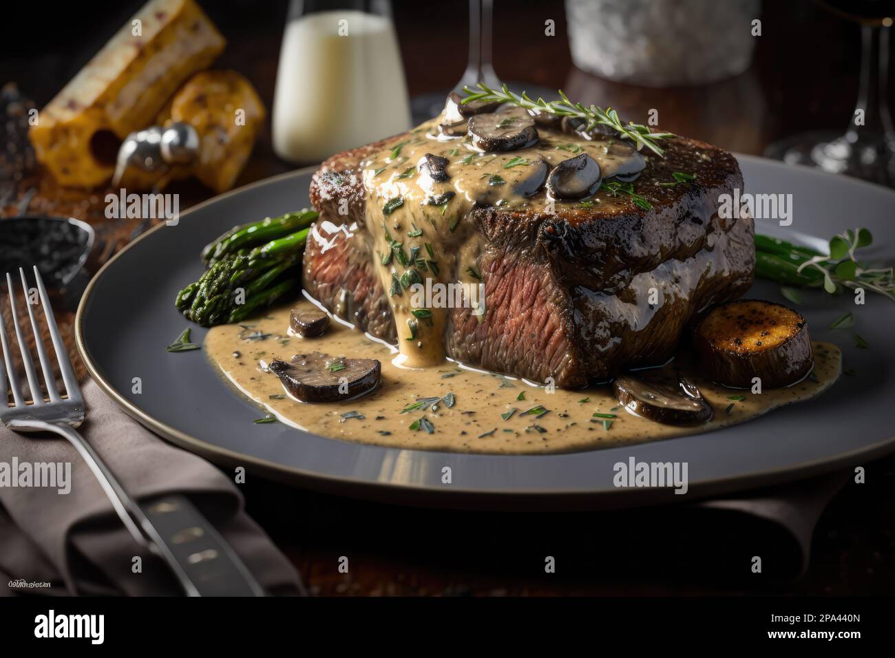 A beautiful panfried Prime Ribeye steak served with a creamy pepper
