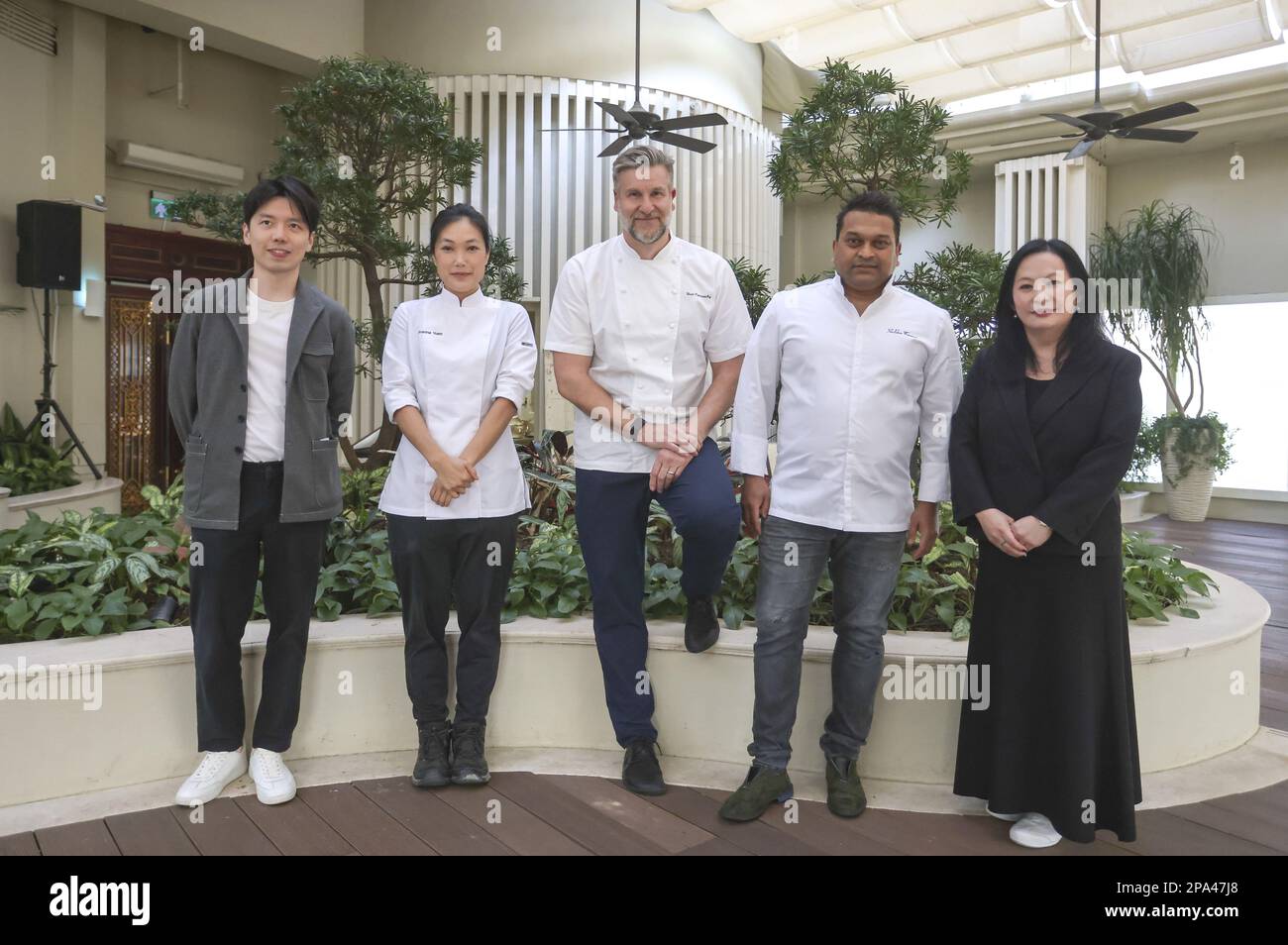 (L to R) RenHH design advocate Jackson Lam, guest chefs Joanna Yuen, Uwe Opocensky, and Sheldon Fonseca, and founder and principal advocate Jo Soo-tang, at Island Shangri-La in Admiralty. 16FEB23 SCMP / Jonathan Wong Stock Photo